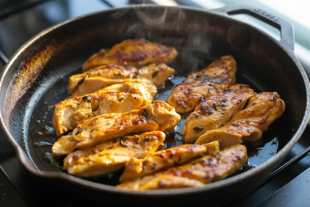 Cooking juicy chicken for burrito bowl in a skillet
