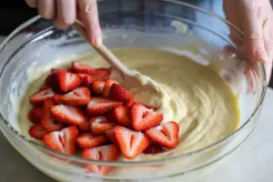 cake batter with sliced strawberries