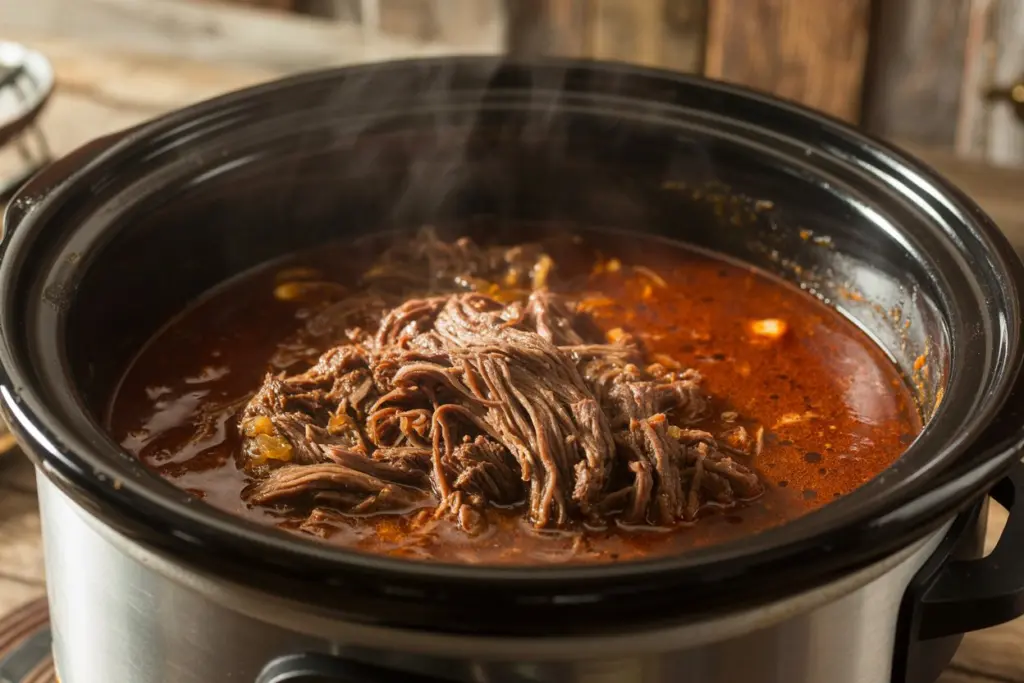 Crockpot Mexican Beef Birria 5 Shredded beef cooking in crockpot mexican beef birria