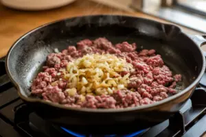 Creamy Mushroom Ground Beef Bake 5 cooking ground beef and Golden chopped onion bits