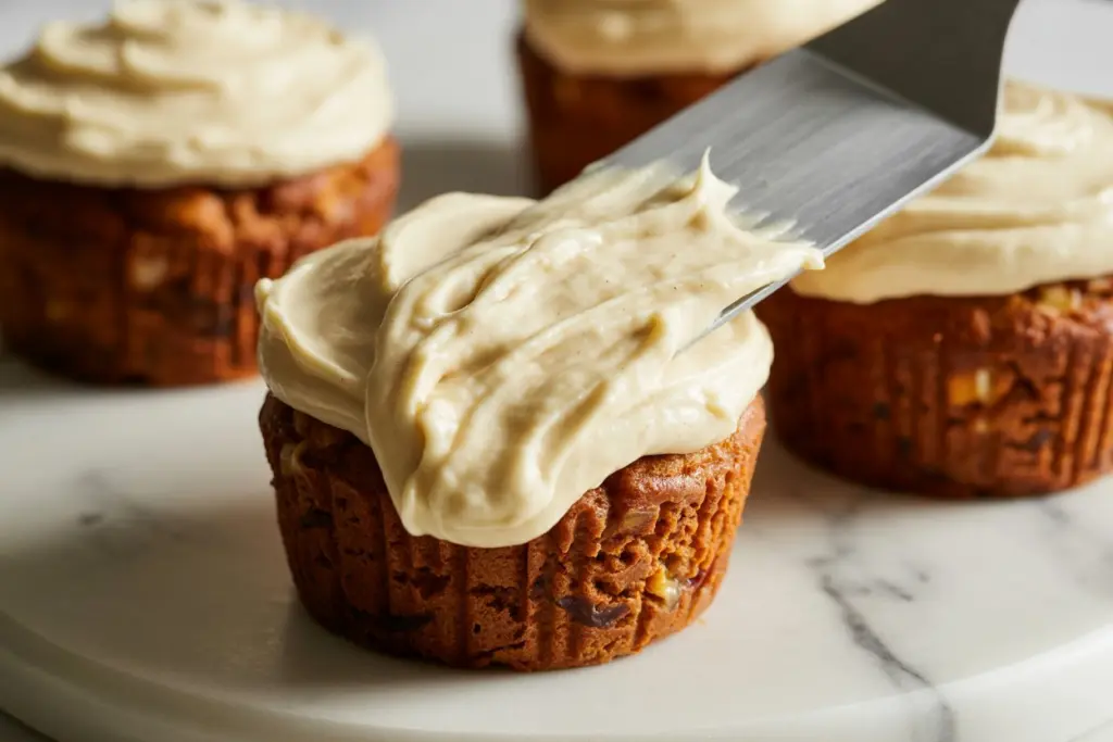 Frosting sourdough carrot cake muffins with cream cheese frosting