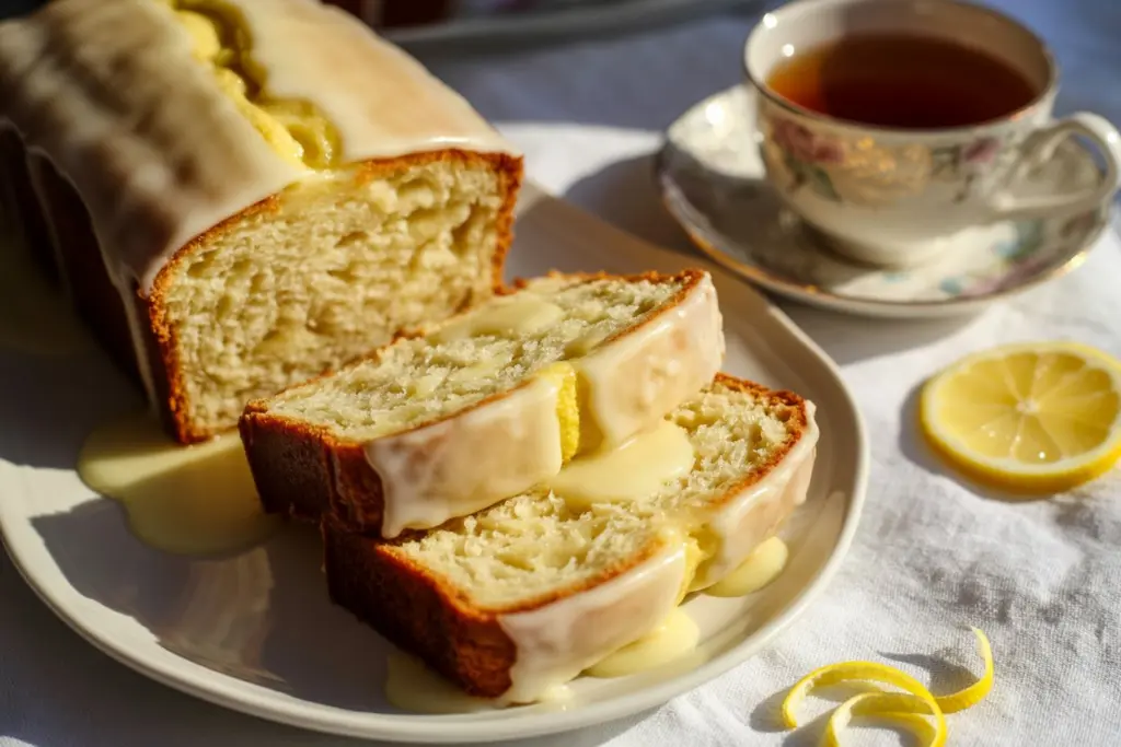 Easy Sourdough Discard Lemon Loaf 6 slice of sourdough discard lemon loaf served with tea