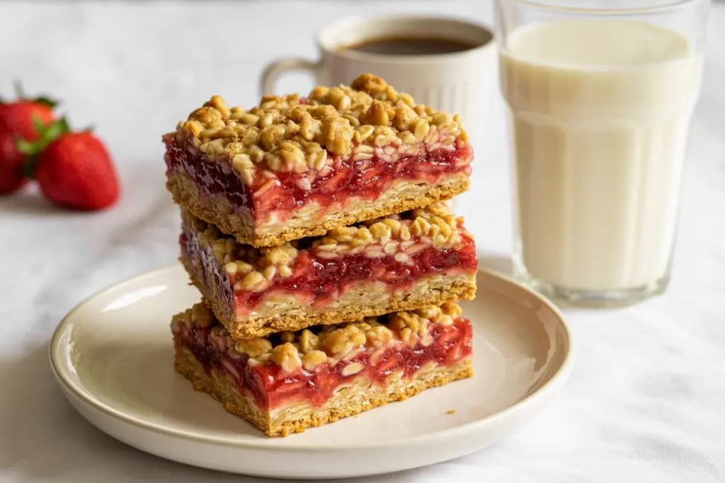 Strawberry Oatmeal Crumble Bars 7 Strawberry oatmeal crumble bars served with glass of milk