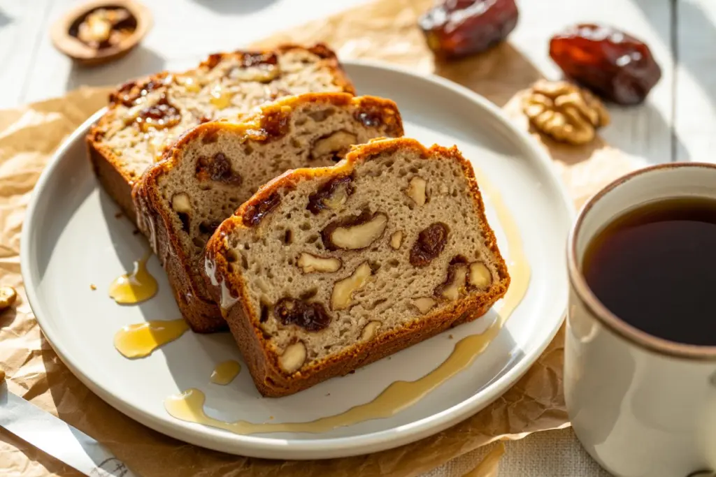 Sourdough Dates Walnut Cake Loaf 4 Serving slice of sourdough dates walnut cake loaf