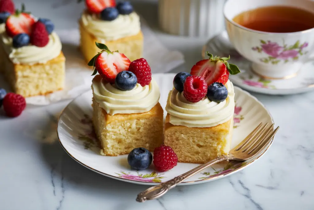 Easy Sourdough Vanilla Sheet Cake 4 Slices of Sourdough Vanilla Sheet Cake with berries
