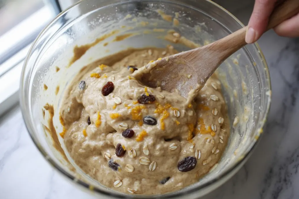 Mixing sourdough oatmeal raisin muffin batter