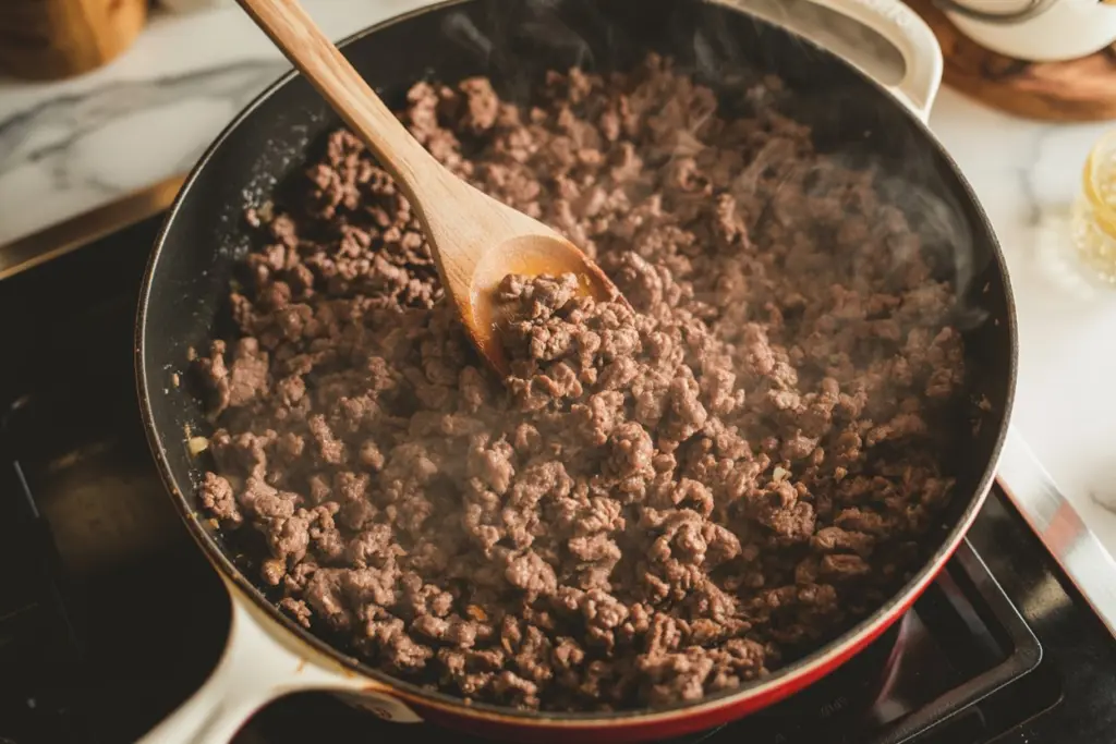 Browning the beef for cheesy beef pasta in Large deep skillet