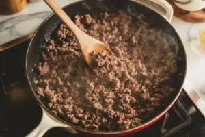 Browning the beef for cheesy beef pasta in Large deep skillet