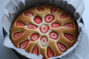 freshly baked golden brown sourdough discard strawberry cake