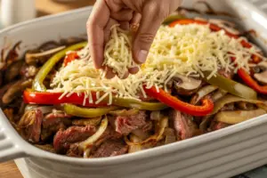 Sprinkle shredded provolone cheese evenly over the top of creamy thick mixture of soft cooked vegetables and browned thinly sliced ribeye steaks