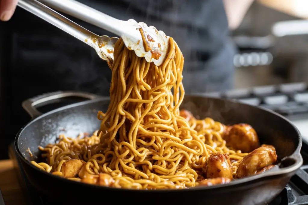 tossing noodles in sticky garlic sauce