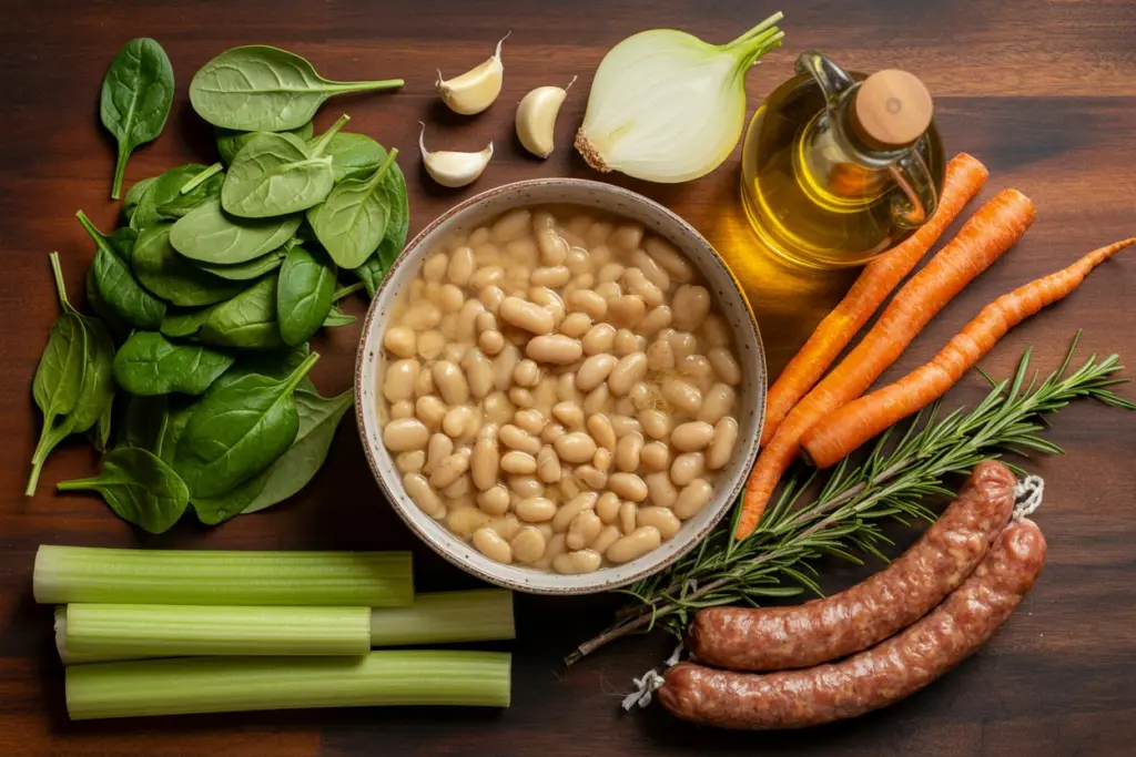 Ingredients for tuscan white bean soup including cannellini beans and kale