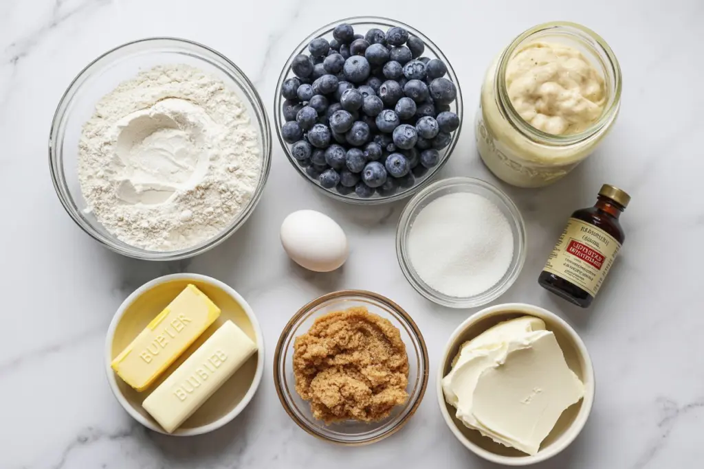 ingredients for blueberry sourdough cookies with sourdough discard and blueberries