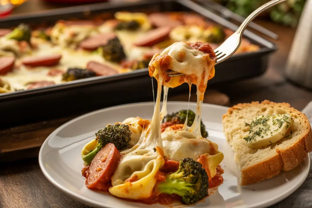 serving broccoli tortellini bake on plate