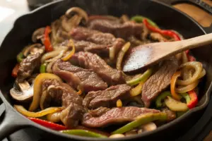 vegetables and seasoned browned thinly sliced ribeye steaks mixture