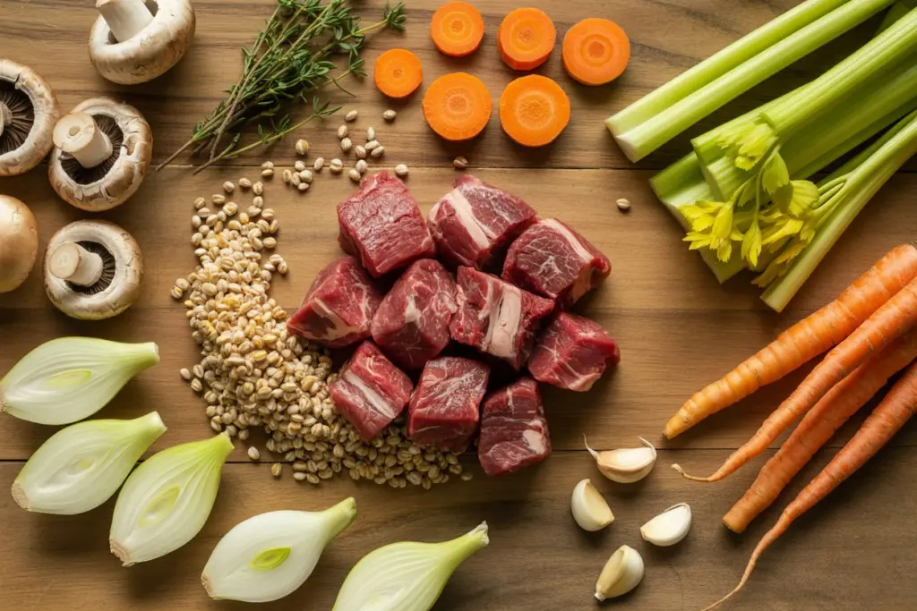 Beef Barley Soup (Crockpot or stovetop) 4 ingredients for beef barley soup including beef and pearl barley