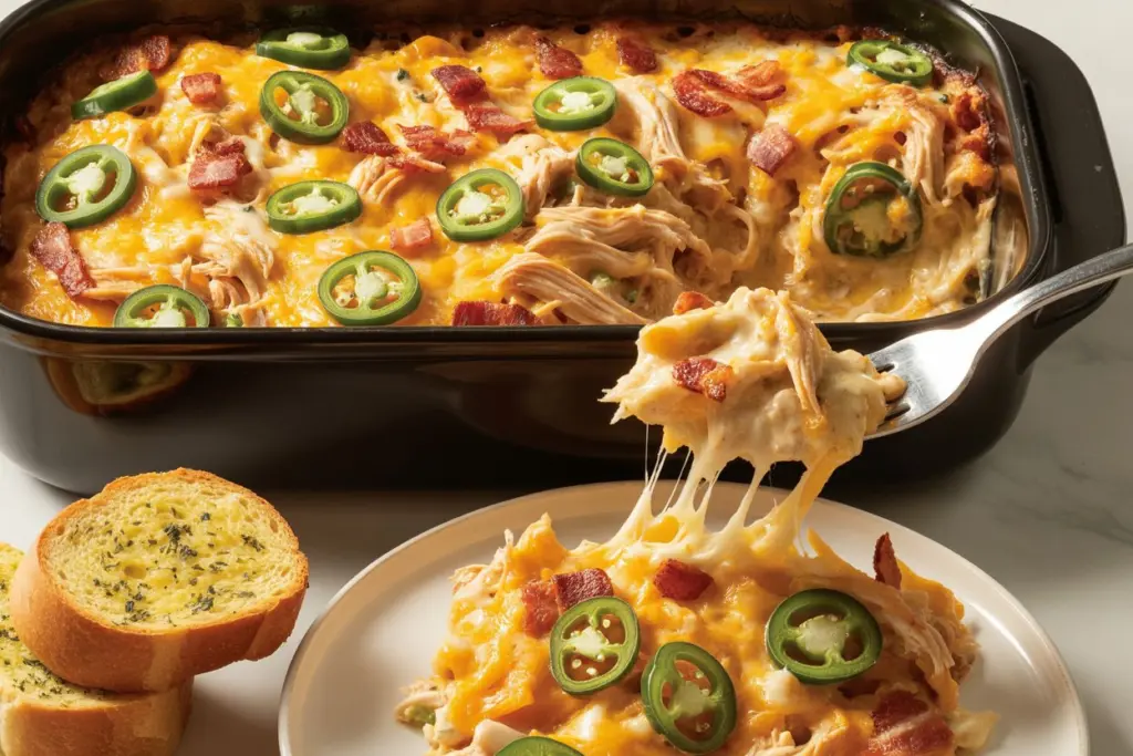 serving jalapeño popper chicken casserole on plate