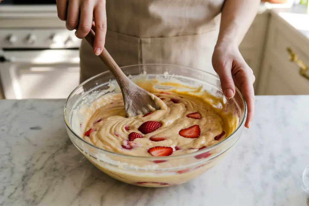 mixing sourdough strawberry bars batter