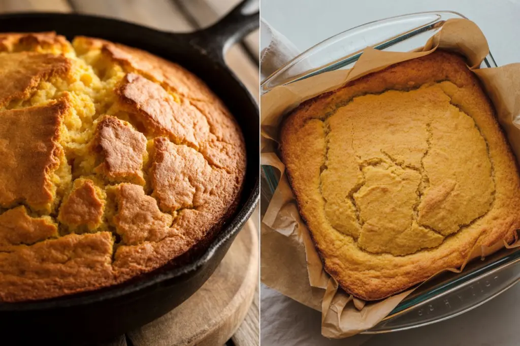 sourdough cornbread batter in hot skillet