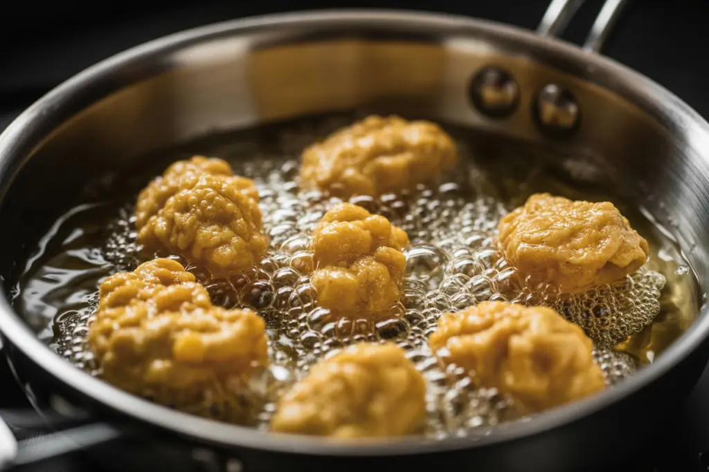 frying crispy orange chicken bites in hot oil