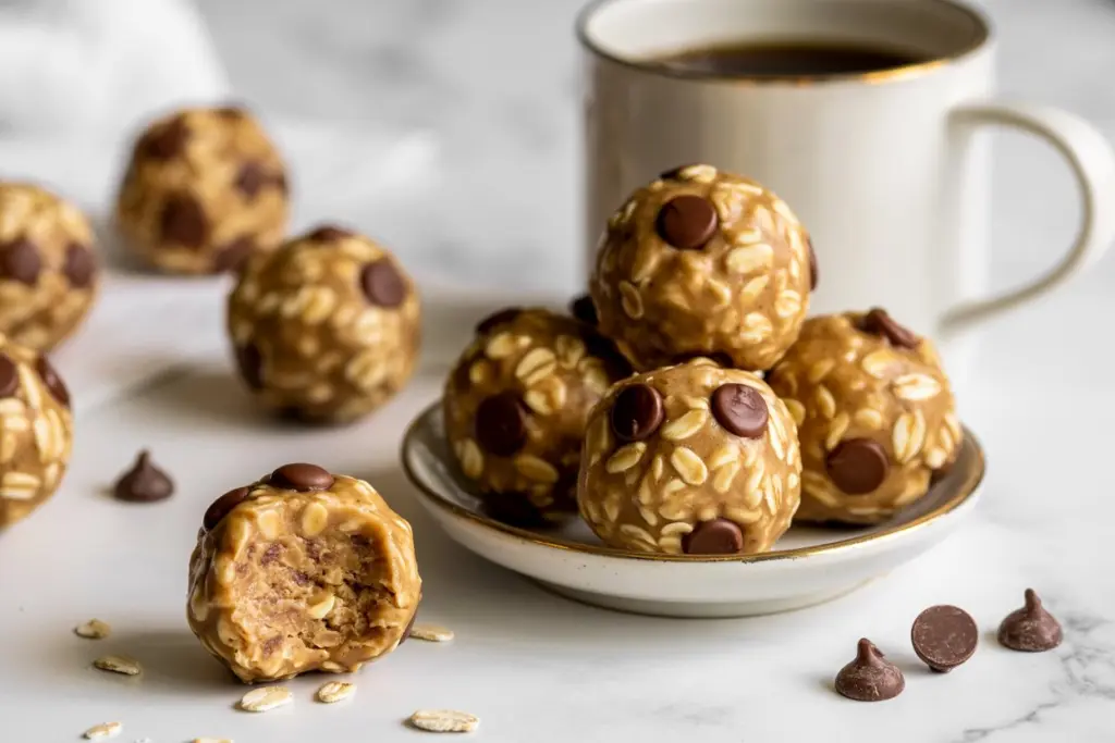 Sourdough discard peanut butter energy balls served on plate