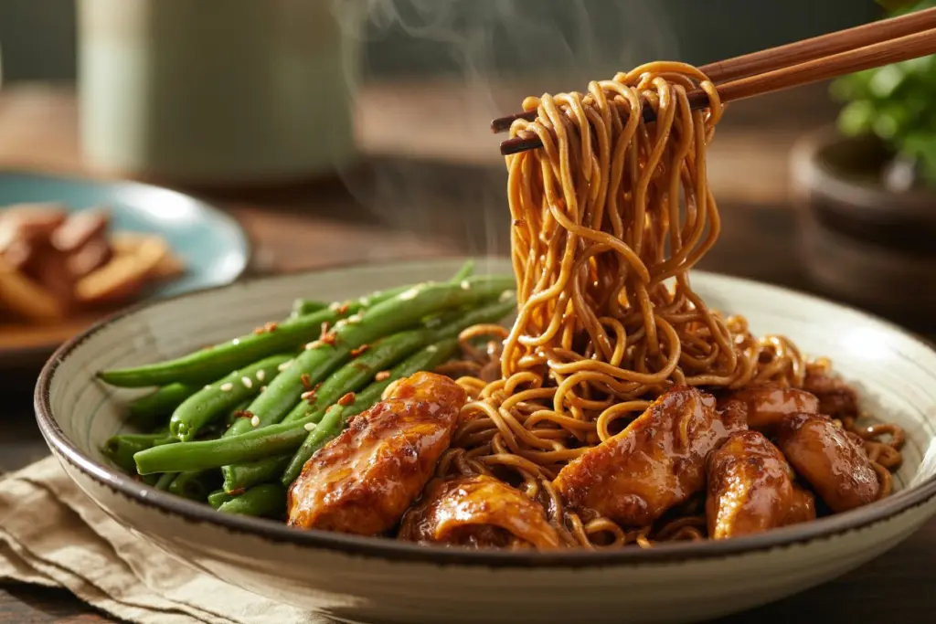 served sticky garlic chicken noodles