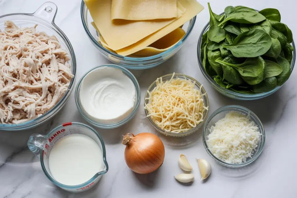 Creamy White Lasagna Soup 4 ingredients for white lasagna soup recipe arranged overhead