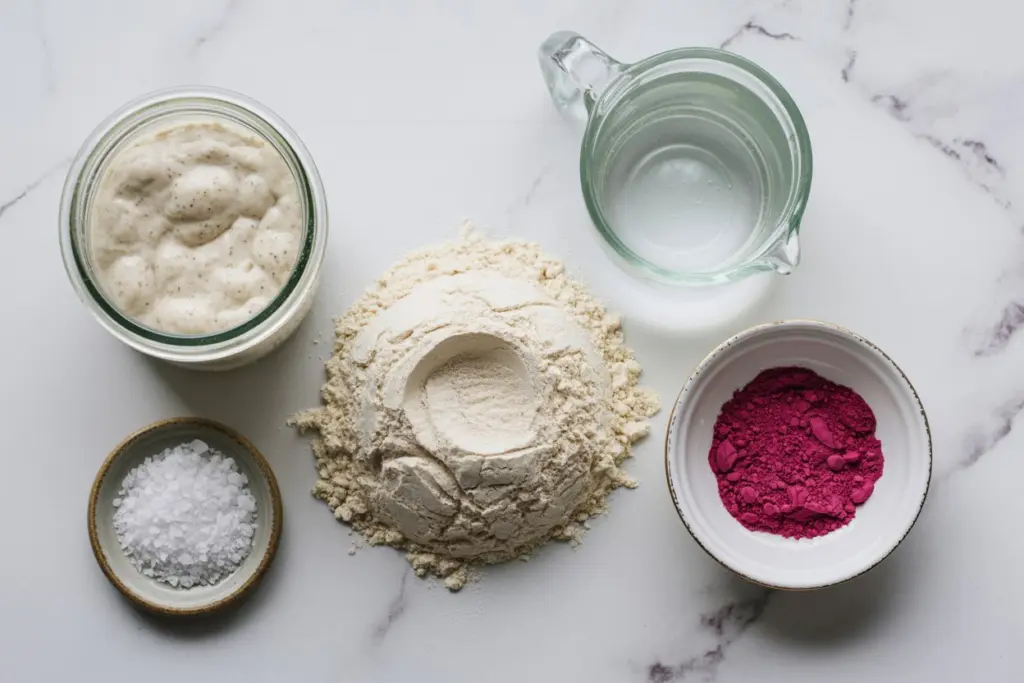 ingredients for pink swirl sourdough bread including beet powder and sourdough starter