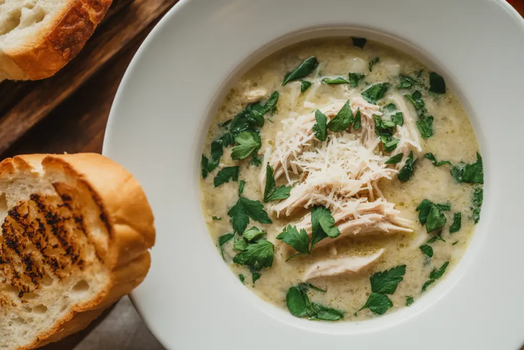 28+ Best Soup Recipes (Easy & Homemade) 29 Garlic parmesan chicken soup in rustic bowl with toasted bread