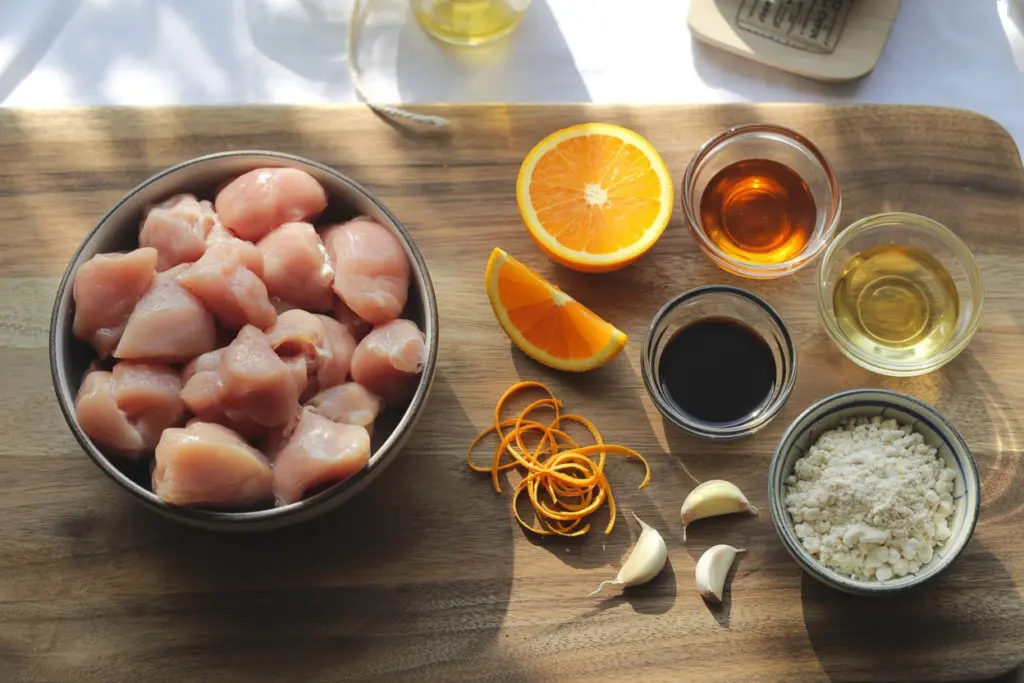 ingredients for crispy orange chicken bites laid out on a table