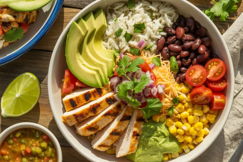 Served easy chicken burrito bowl with lime and cilantro