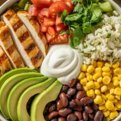 Recipe card for easy chicken burrito bowl with steps and ingredients