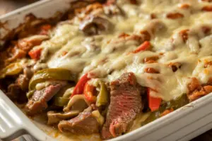 A golden baked Philly Cheesesteak Casserole