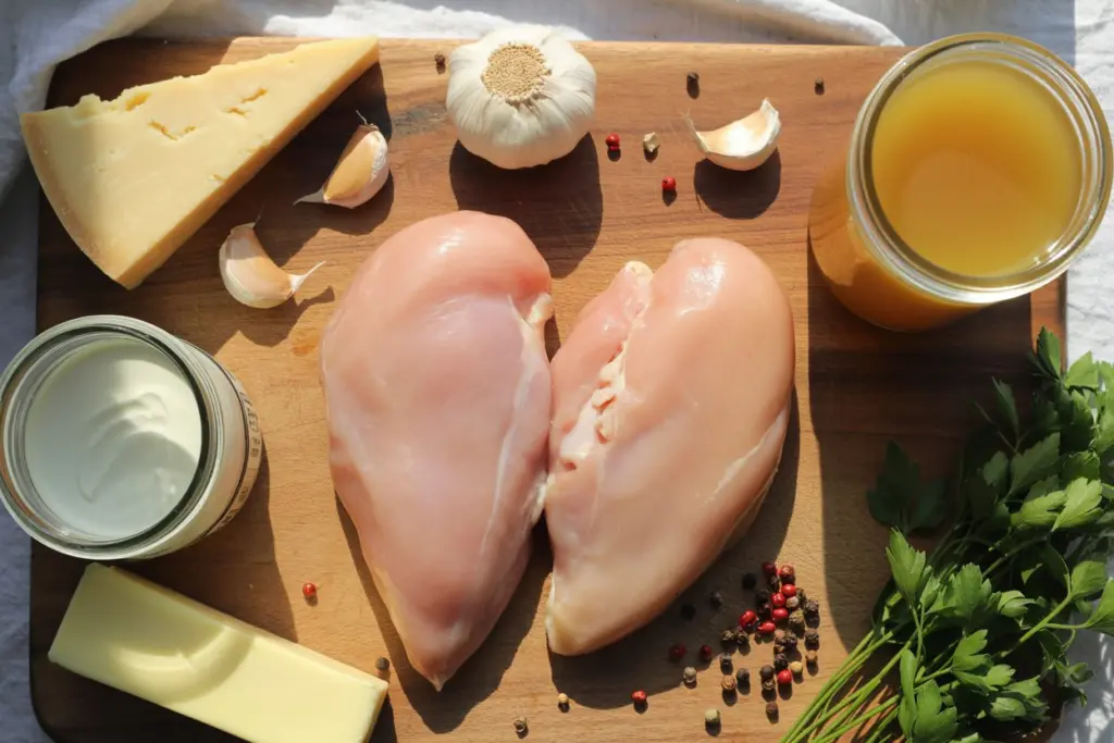 Easy Garlic Parmesan Chicken Soup 2 Ingredients for garlic parmesan chicken soup on wooden table
