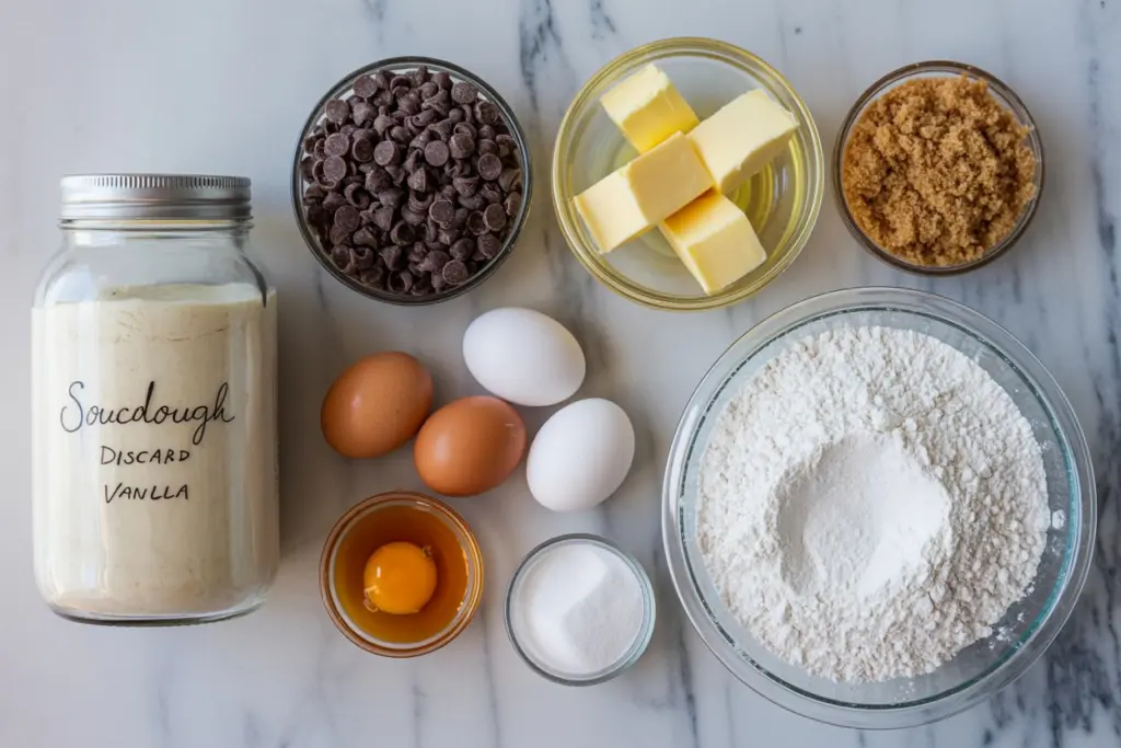 Ingredients for sourdough chocolate chip skillet cookie