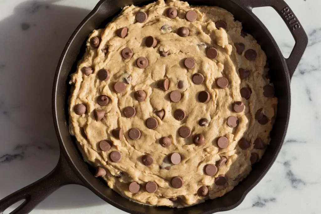 Sourdough chocolate chip skillet cookie dough in skillet