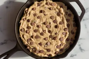 Sourdough chocolate chip skillet cookie dough in skillet