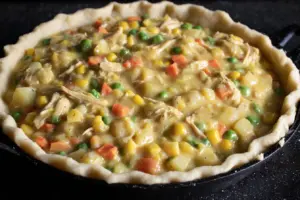 Chicken Pot Pie Filling in unbaked dough pie crust