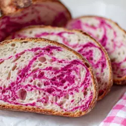 whole pink swirl sourdough bread loaf with spiral slice