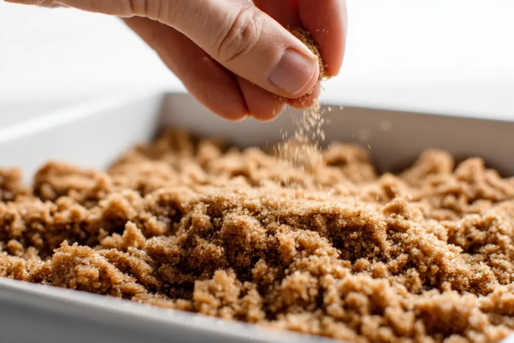 adding streusel topping to sourdough blueberry buckle