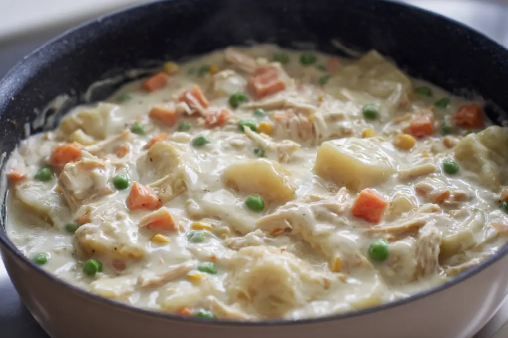 creamy filling for sourdough chicken pot pie cooking in skillet