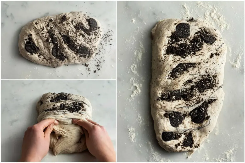 Cookies and Cream Sourdough Bread 5 Folding Oreos into Cookies and Cream Sourdough Bread dough