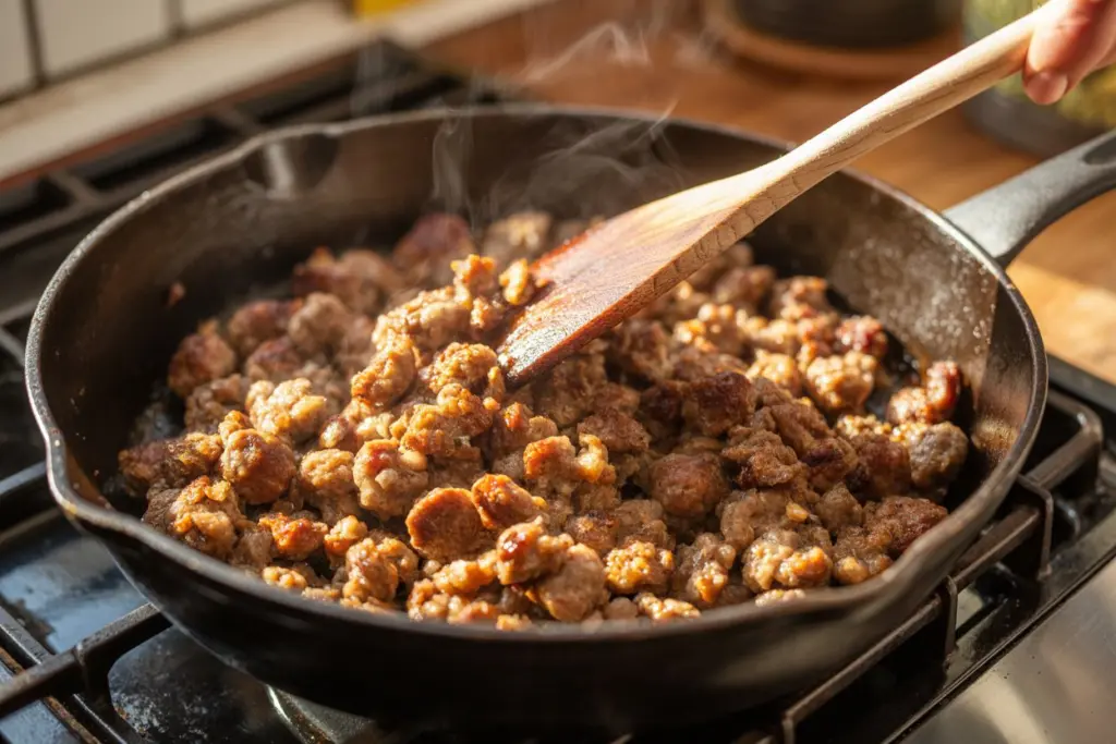 Browning sausage in skillet for homemade sausage gravy