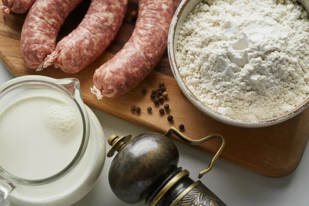 Ingredients for homemade sausage gravy including sausage flour and milk