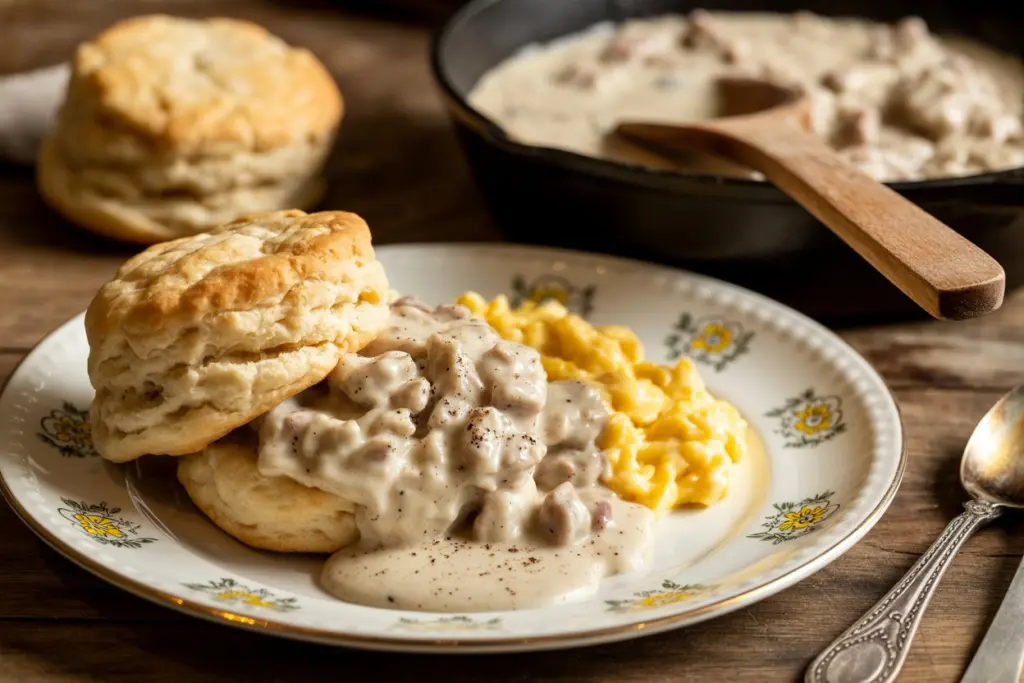 Southern breakfast with homemade sausage gravy and biscuits