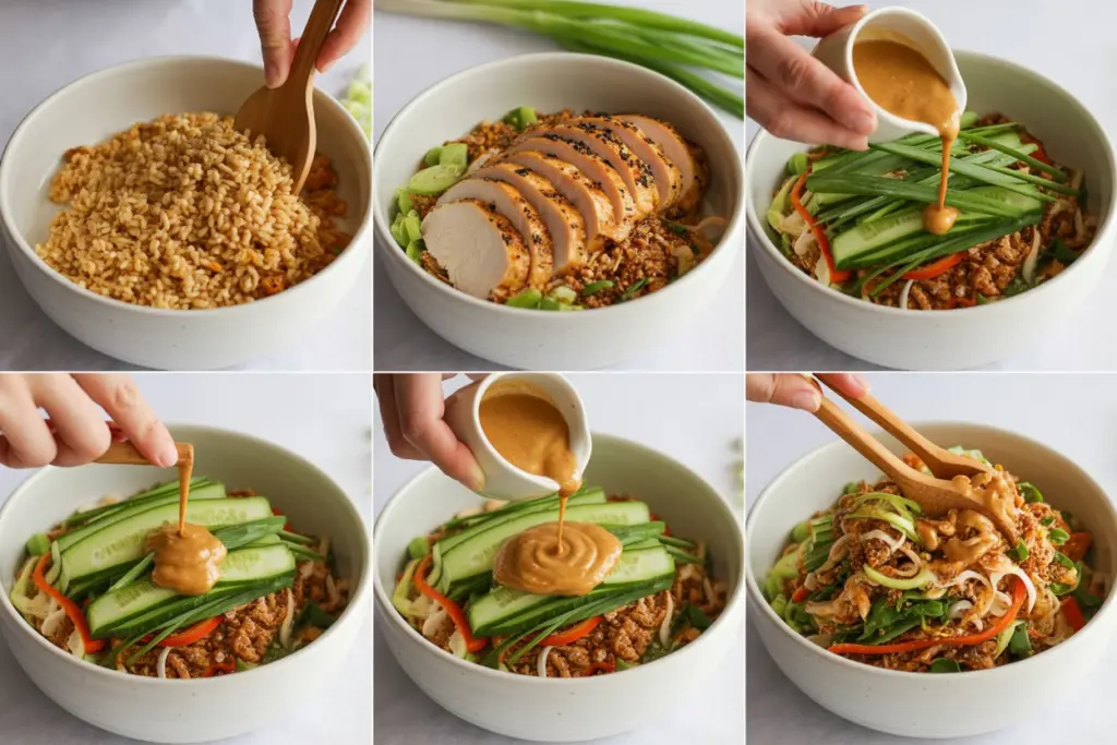 Chicken Crispy Rice Salad with Homemade Peanut Dressing 8 Assembling Chicken Crispy Rice Salad bowl