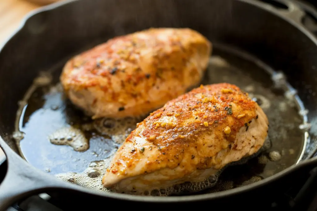 Chicken Crispy Rice Salad with Homemade Peanut Dressing 6 chicken cooking in skillet for Chicken Crispy Rice Salad