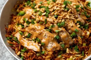 Chicken Crispy Rice Salad with Homemade Peanut Dressing