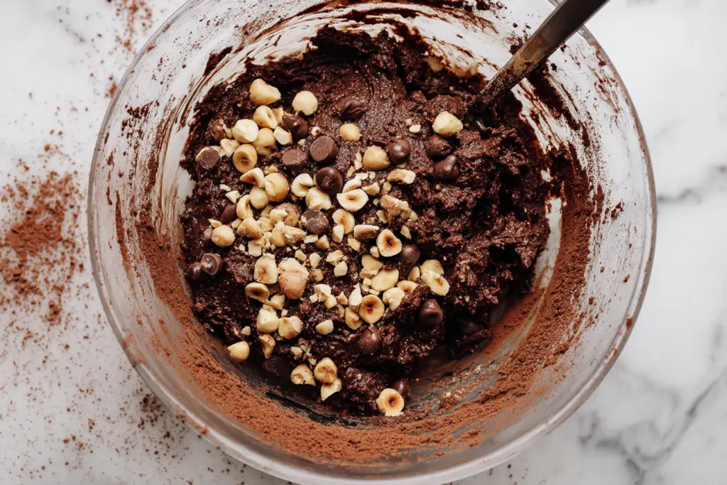 mixing dough for chocolate hazelnut cookies with discard