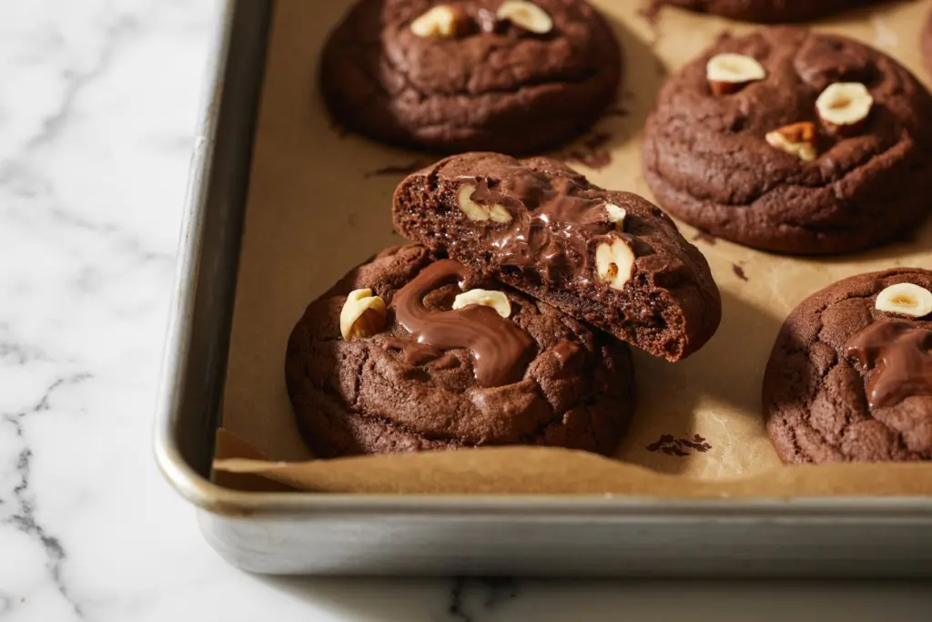 Freshly baked chocolate hazelnut cookies with discard